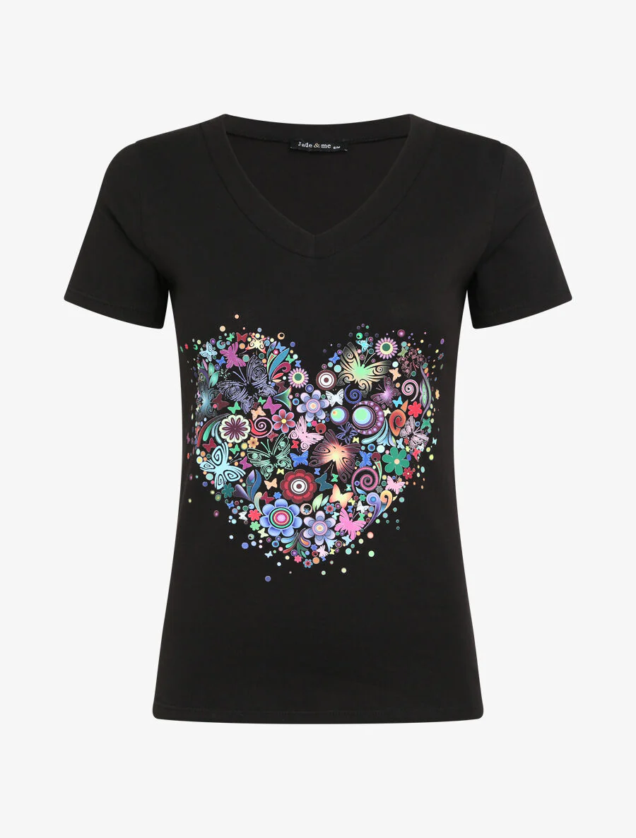 Slim fit T-shirt met psychedelisch hart flockprint - Zwart