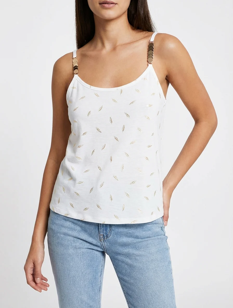 Tanktop met sierlijke bandjes en verenprint - Wit - Image 4