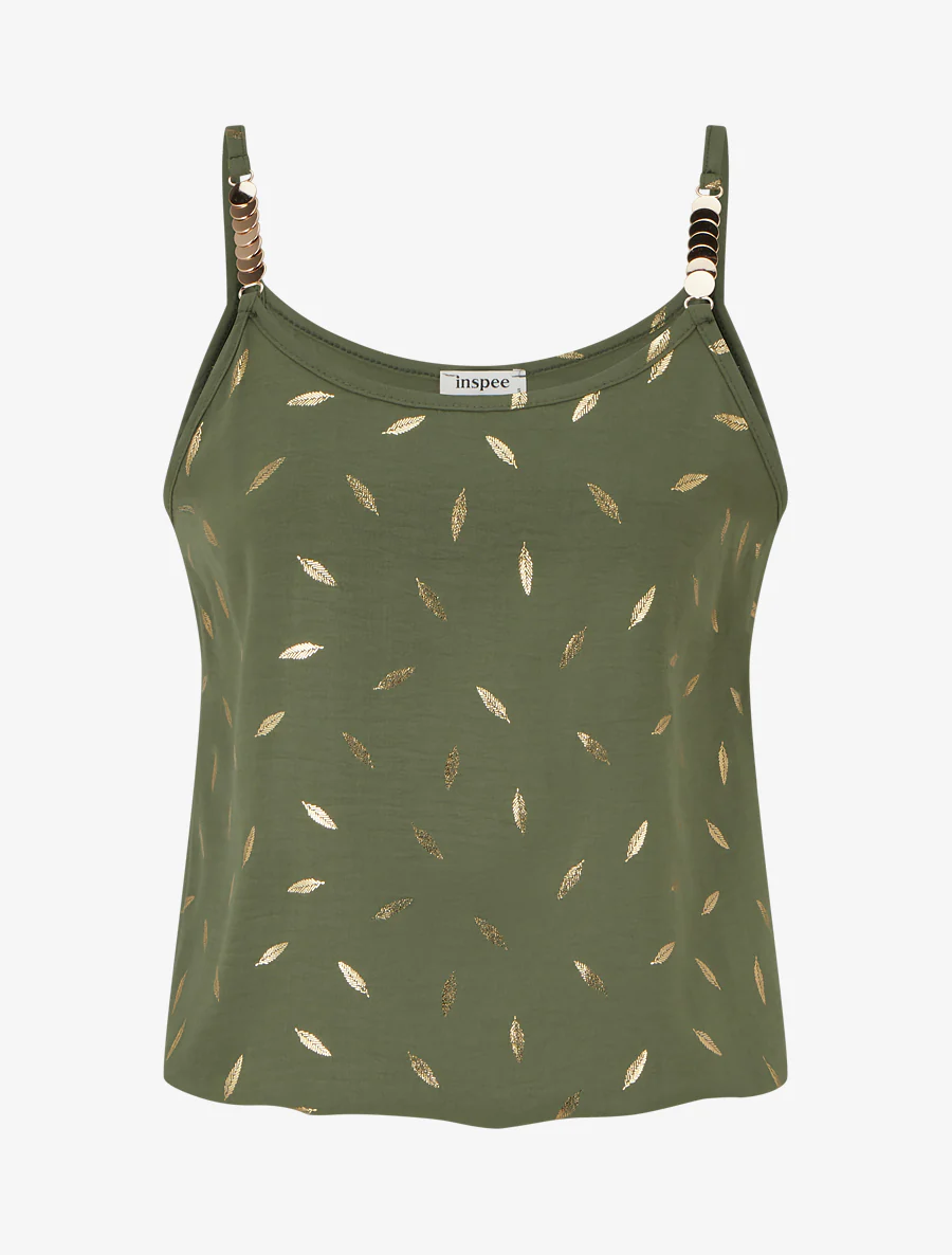 Tanktop met sierlijke bandjes en verenprint - Kaki