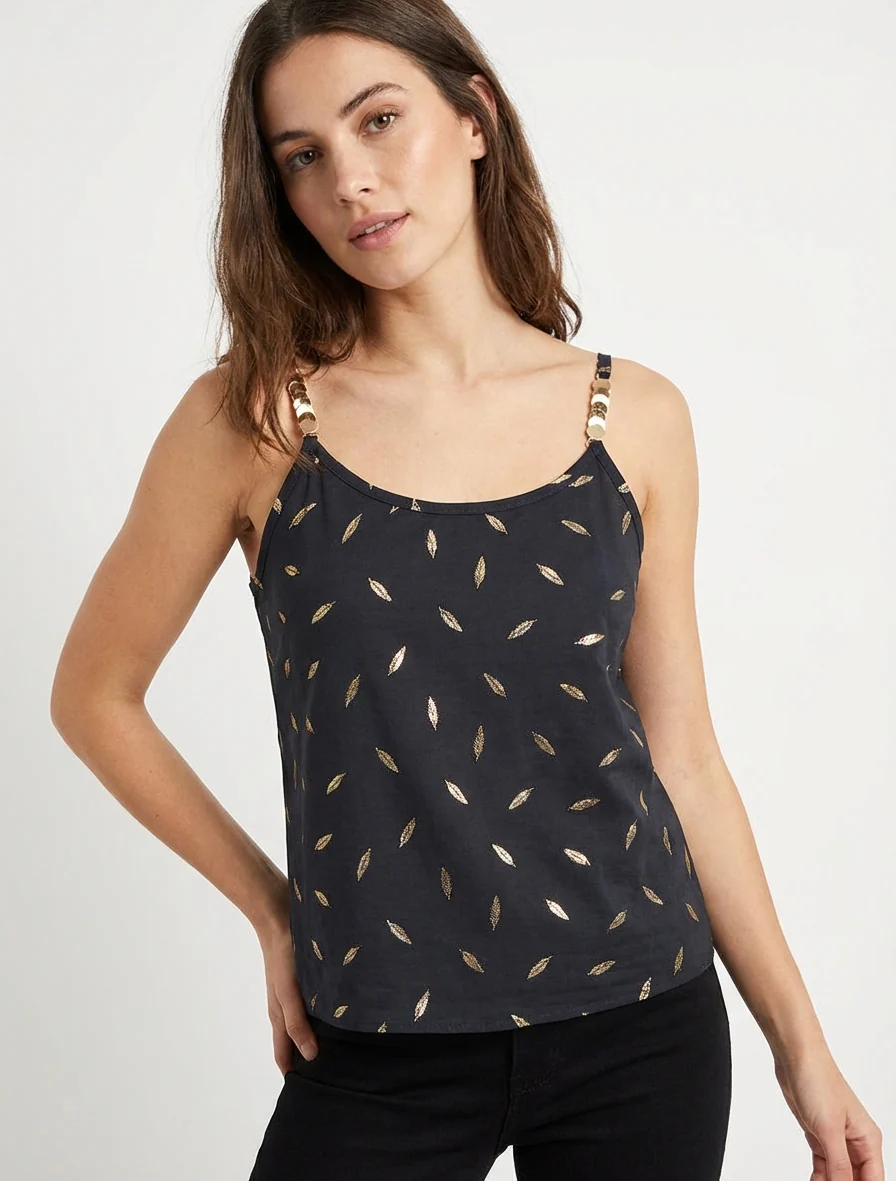 Tanktop met sierlijke bandjes en verenprint - Zwart - Image 4