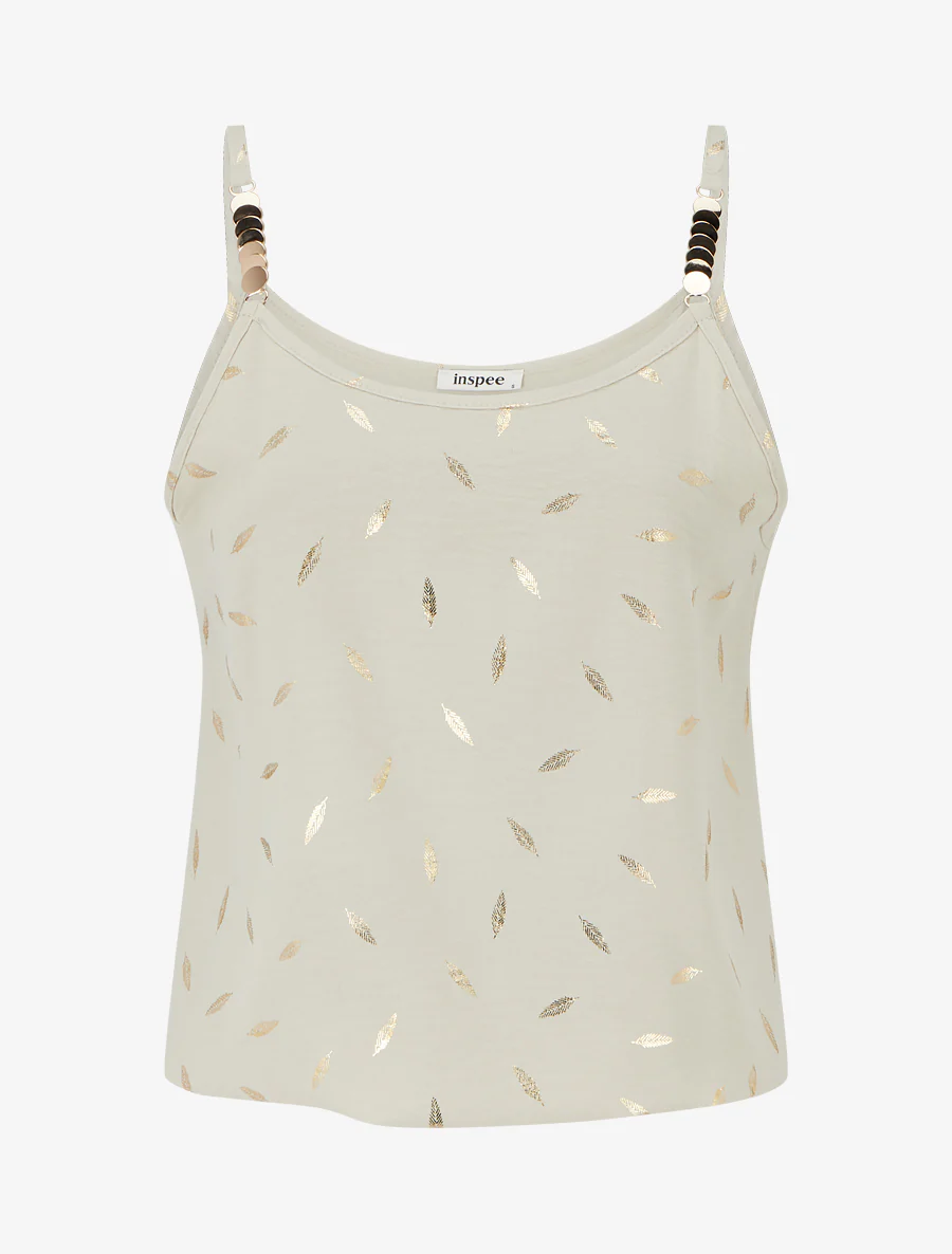 Tanktop met sierlijke bandjes en verenprint - Beige