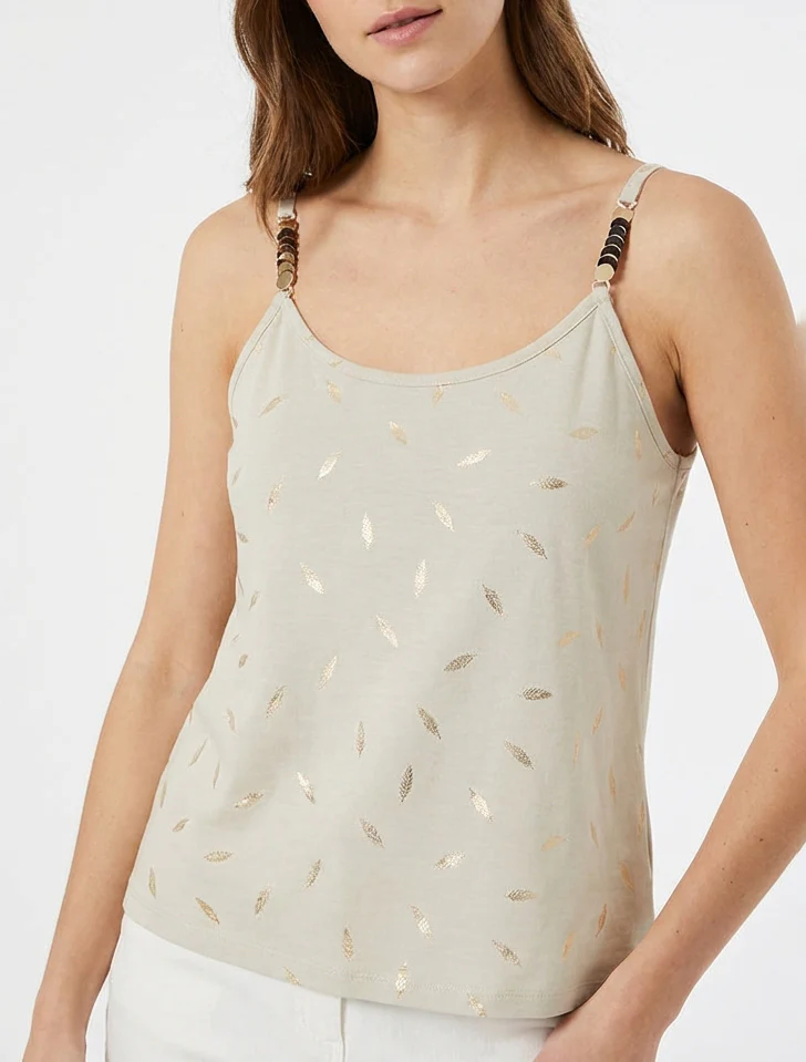 Tanktop met sierlijke bandjes en verenprint - Beige - Image 4