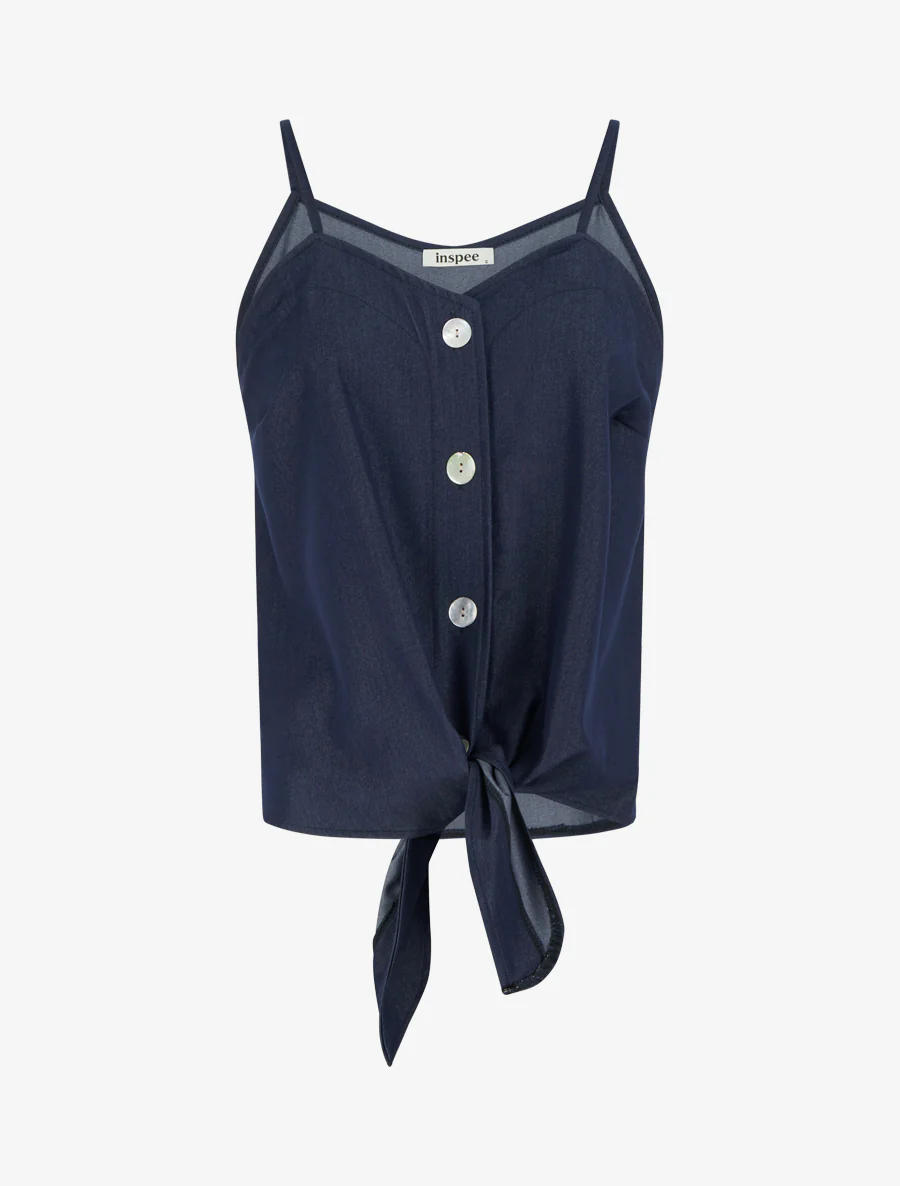 Tanktop met strikje en fijne bandjes - Donkerblauw