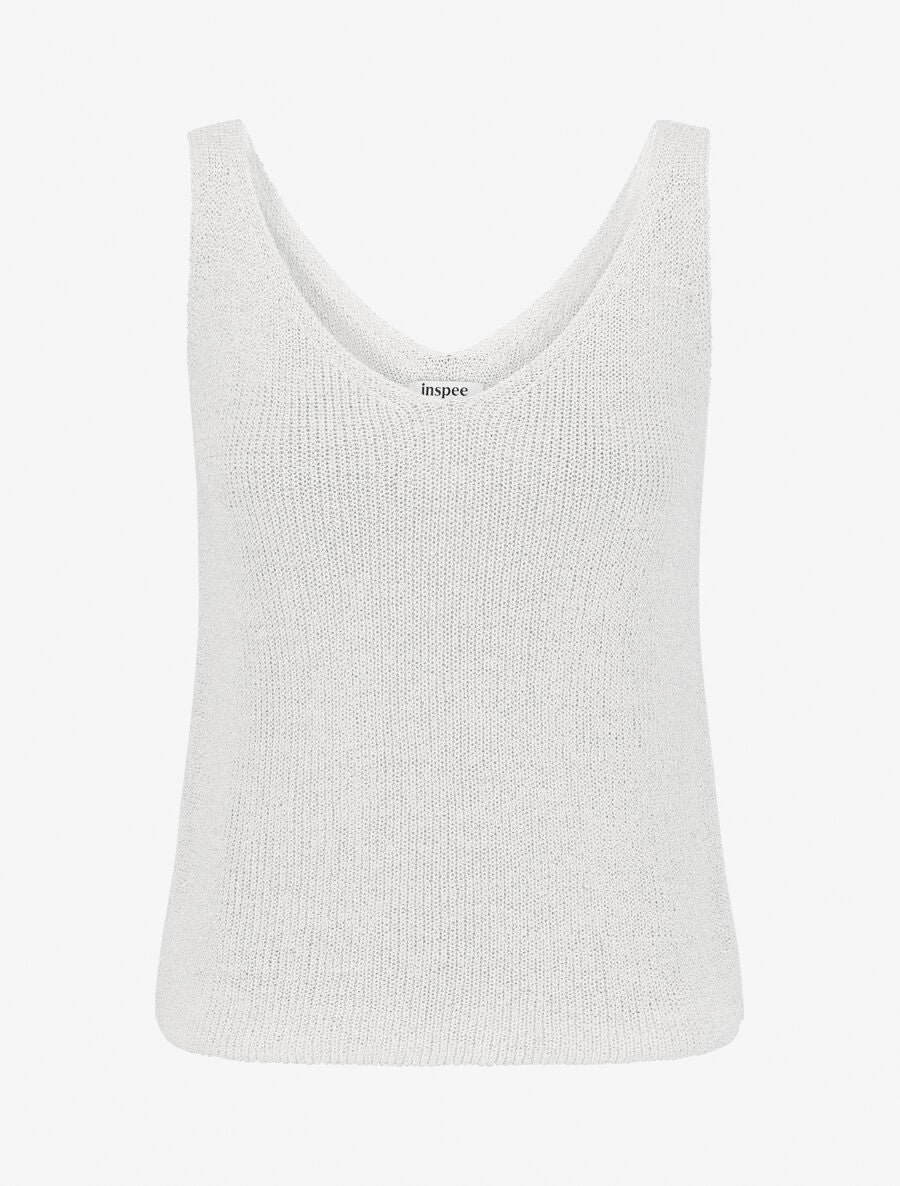 Tanktop van geribbeld mesh met iriserende details - Ecru