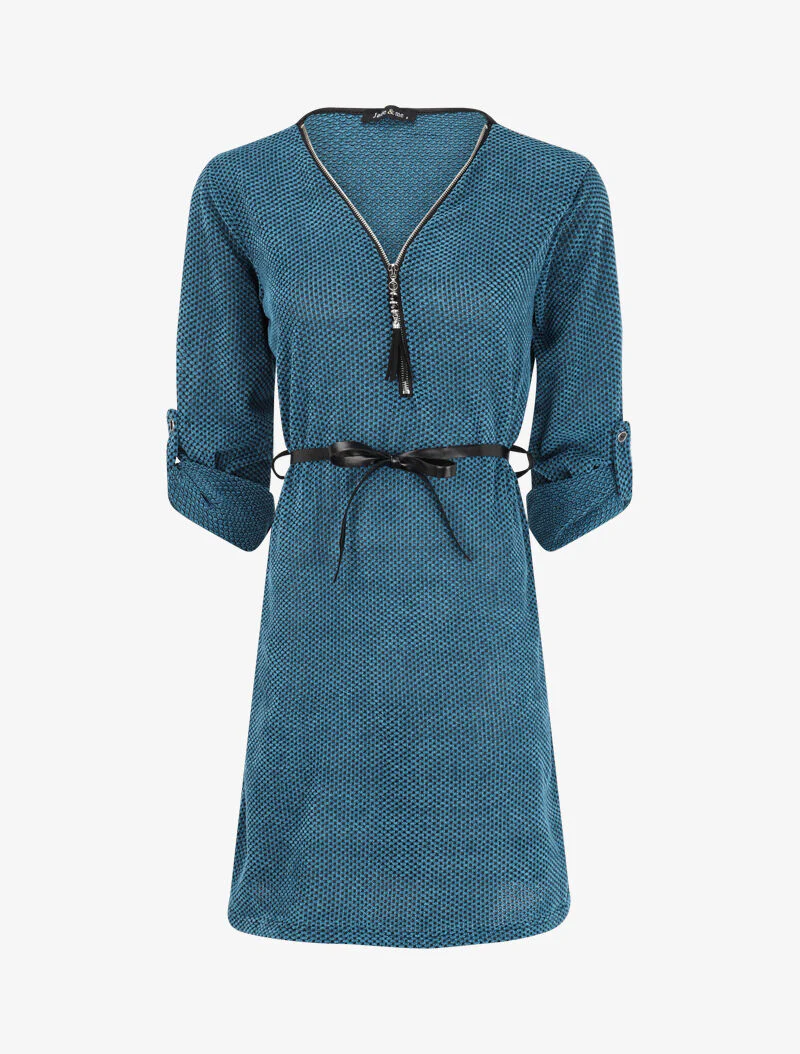 Getextureerde jurk met V-hals en ritssluiting met kwastje - Blauw