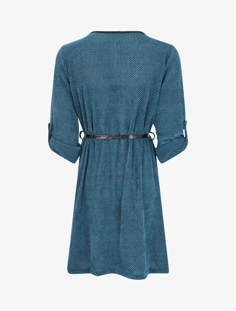 Getextureerde jurk met V-hals en ritssluiting met kwastje - Blauw - Image 2