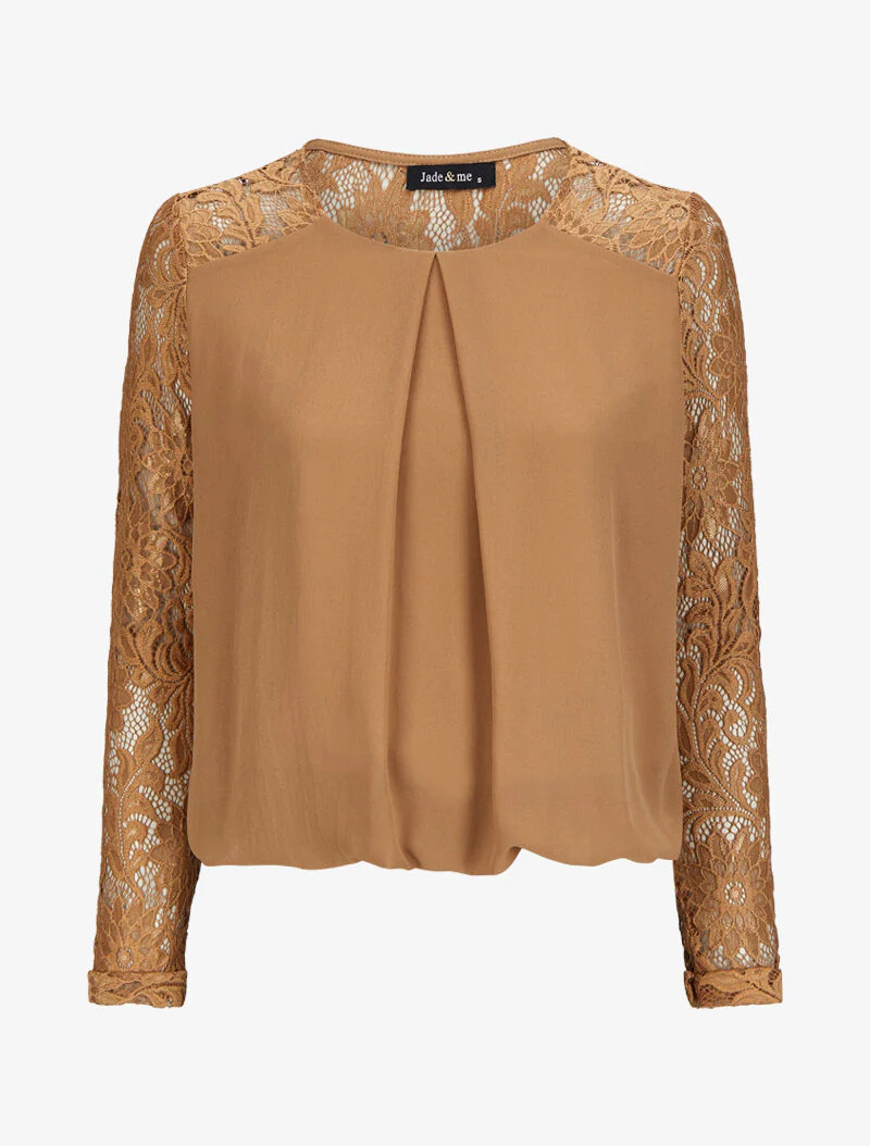 Top bol coupe met kanten inzetstuk - Camel