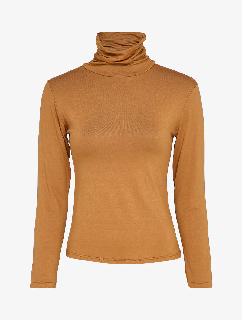 Eenvoudige top met geplooide col - Camel
