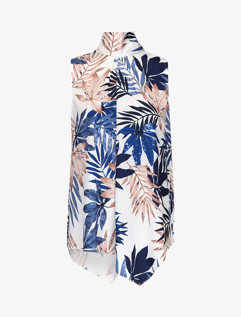 Top met bladerenprint en striksluiting in de nek - blauw - Image 2