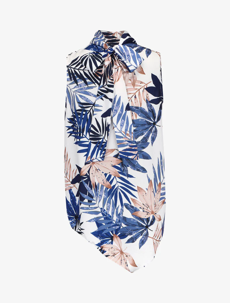 Top met bladerenprint en striksluiting in de nek - blauw - Image 3