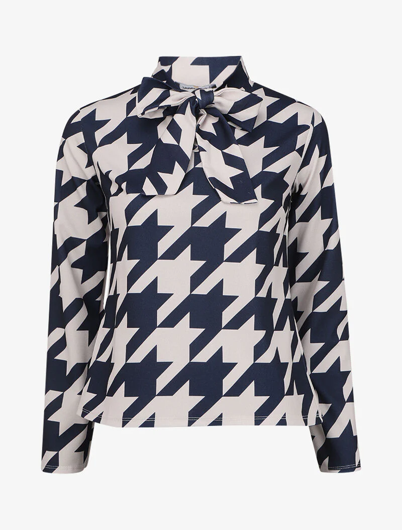 Top met lavallièrekraag met pied-de-poule print - Blauw