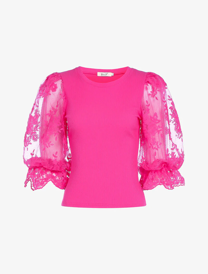Korte top met ballonmouwen - fuchsia