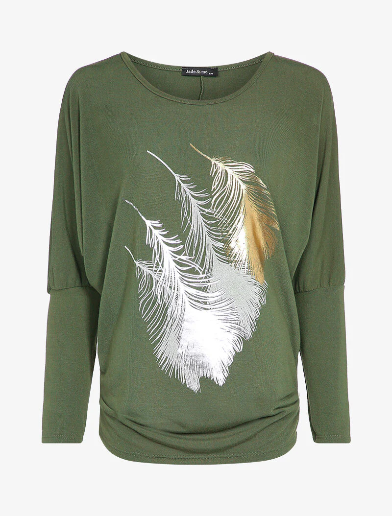 Top dolman mouwen met verenmotief - Kaki