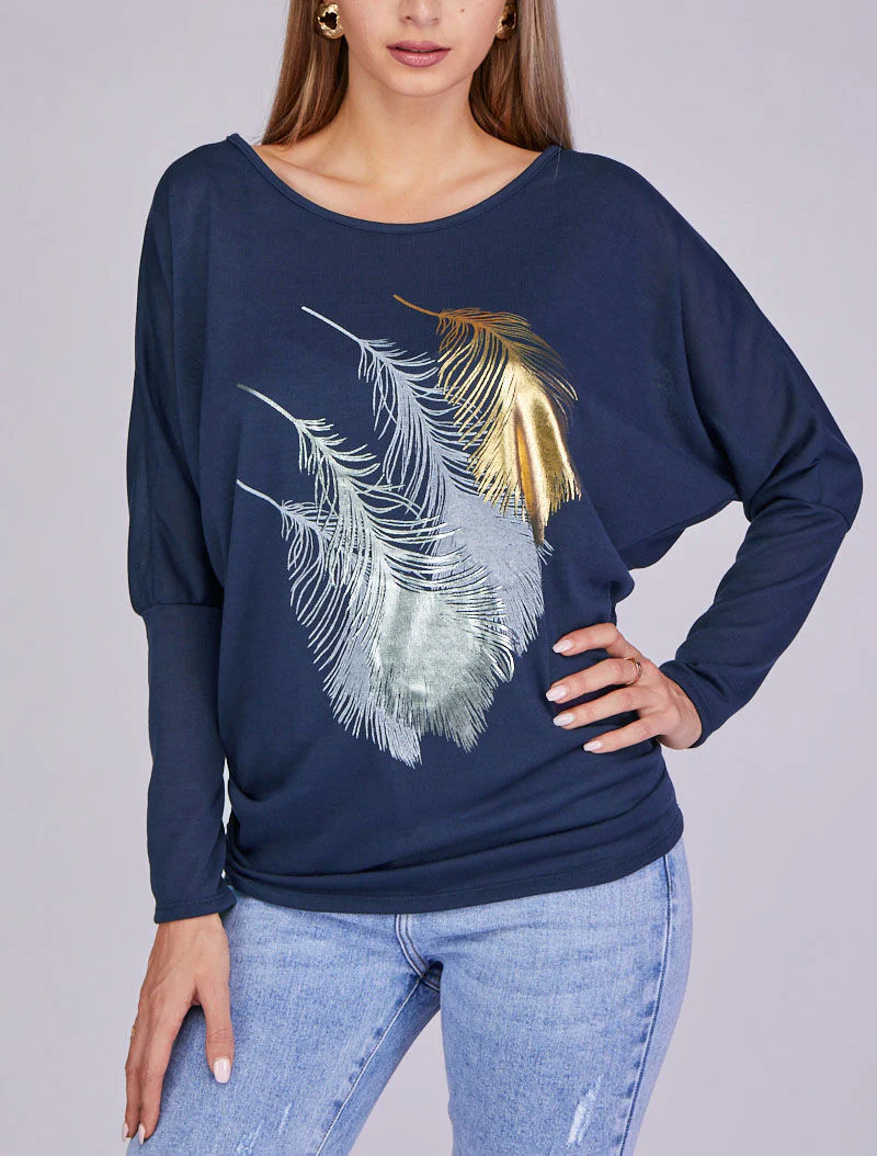 Top dolman mouwen met verenmotief - Marine