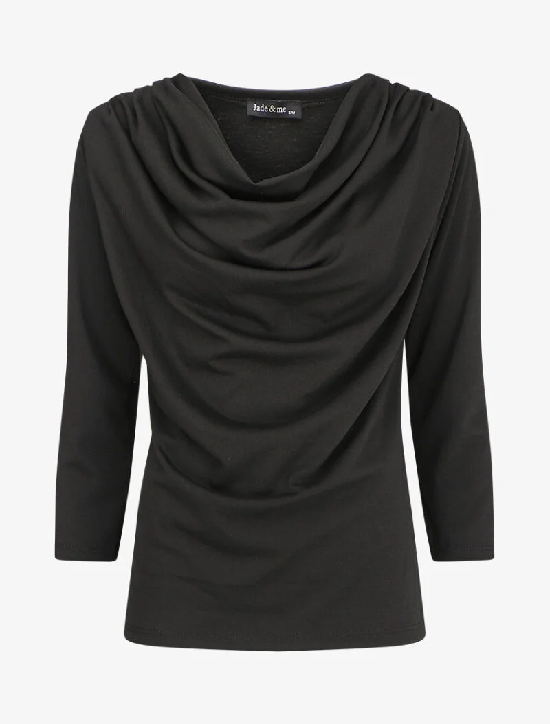 Top met watervalhals en 3/4 mouwen - Zwart