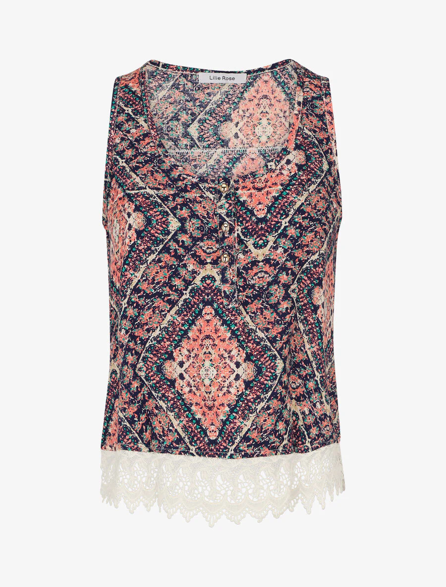 Top met kanten boordprint - Roze