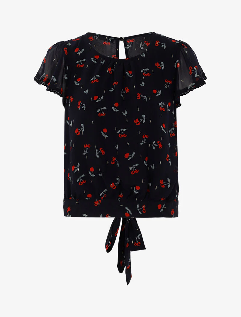 Korte top met kersenprint - marineblauw