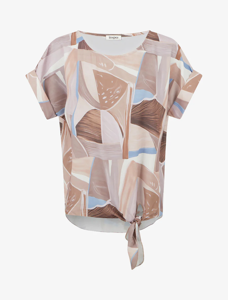 Top met abstracte print en striksluiting - Beige