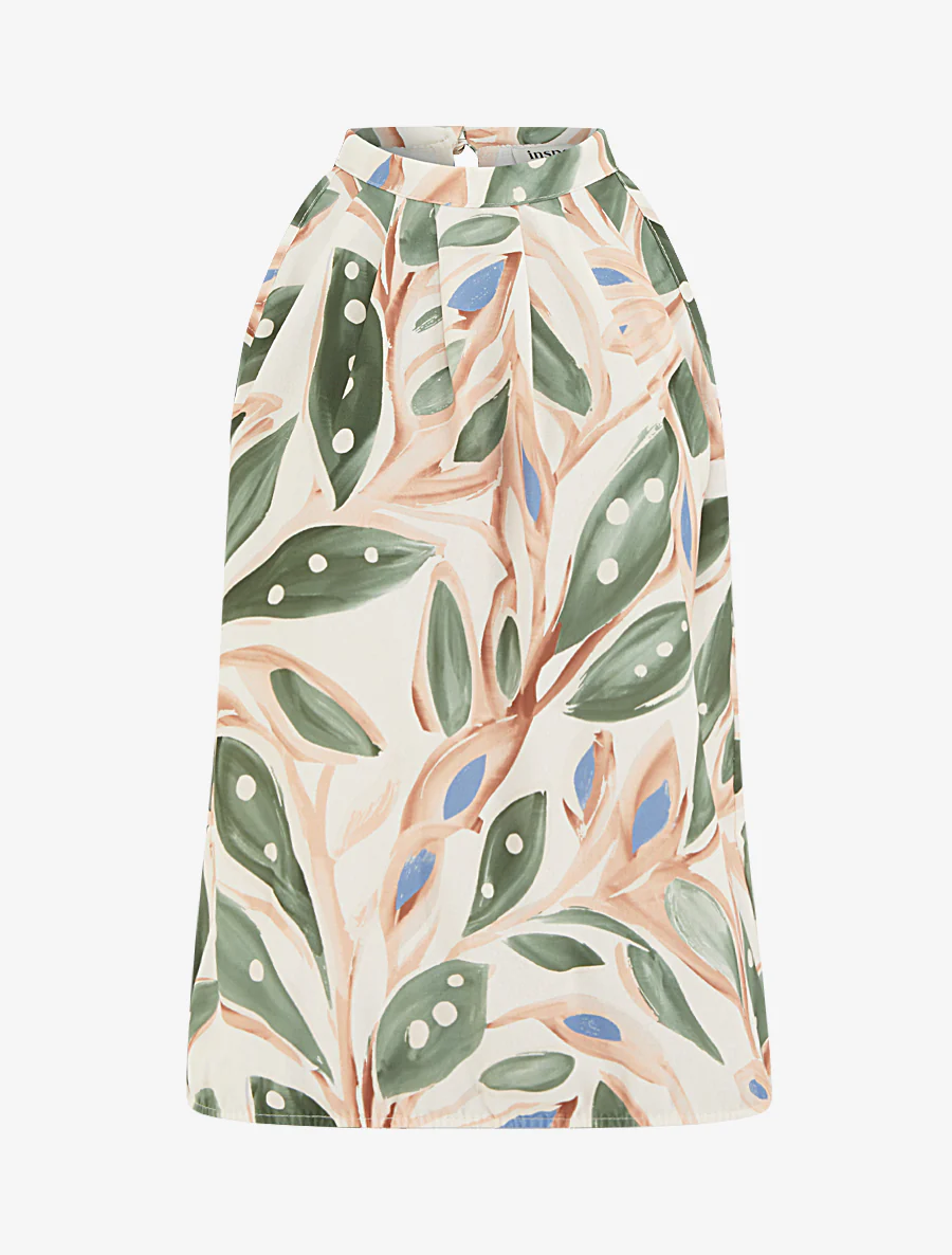 Top met Amerikaanse halslijn en plantenprint - Kaki