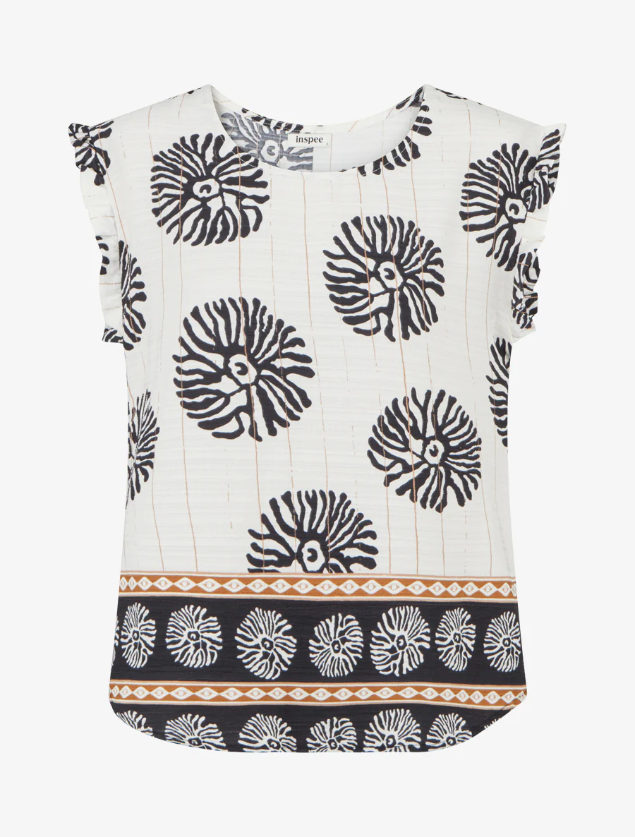 Top met anemoonprint en volantmouwen - Zwart