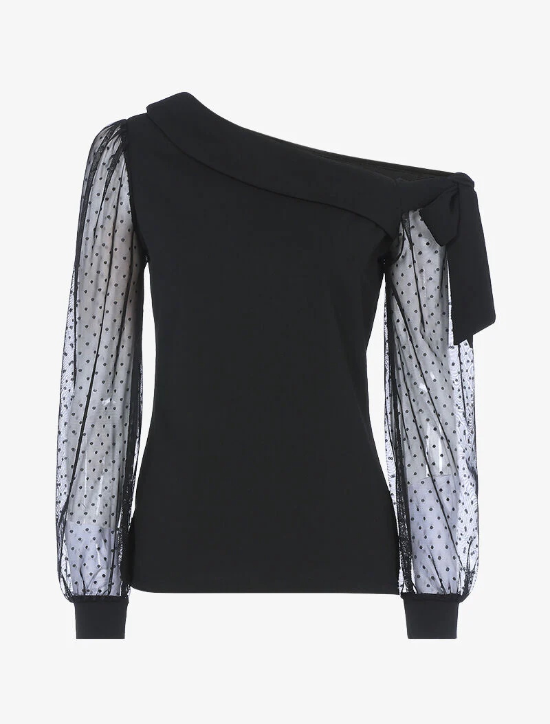 Top met asymmetrische halslijn en tule - zwart