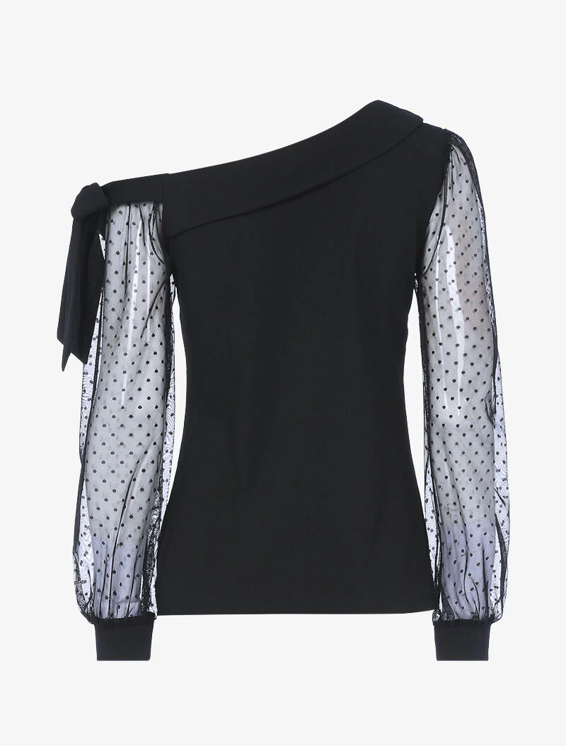 Top met asymmetrische halslijn en tule - zwart - Image 2