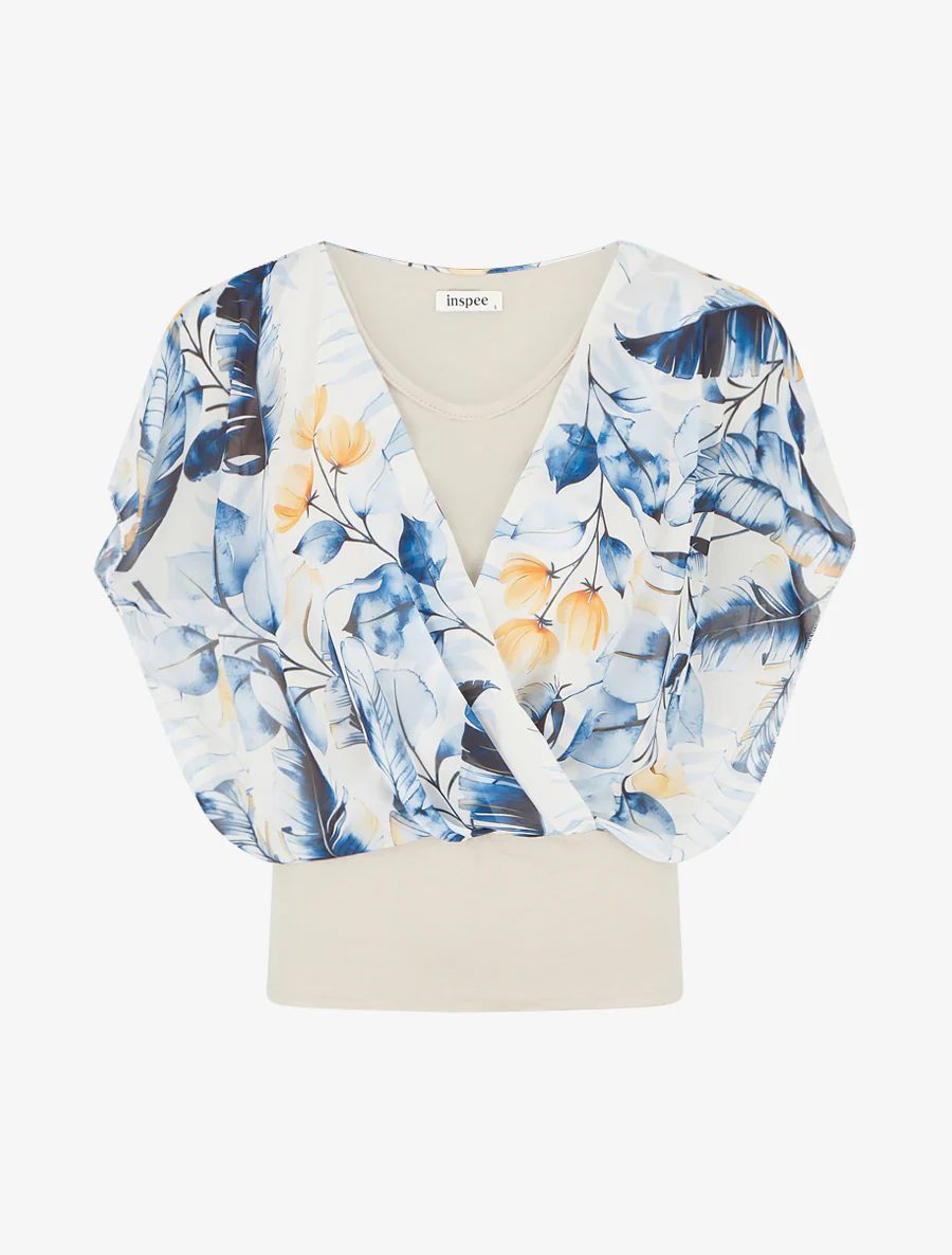 Top met bladerprint en volantmouwen - Blauw