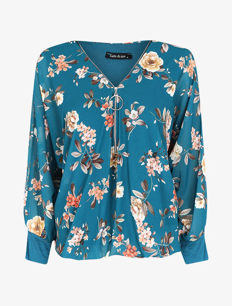 Floral bedrukt top met gestileerde sluiting - Blauw