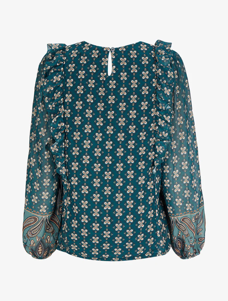 Top met dubbele print en ruches op de schouders - Blauwgroen - Image 2