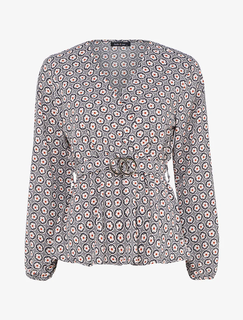 Top met gedrukte margriet-peplum en gestileerde hartvormige halslijn - Zwart/beige