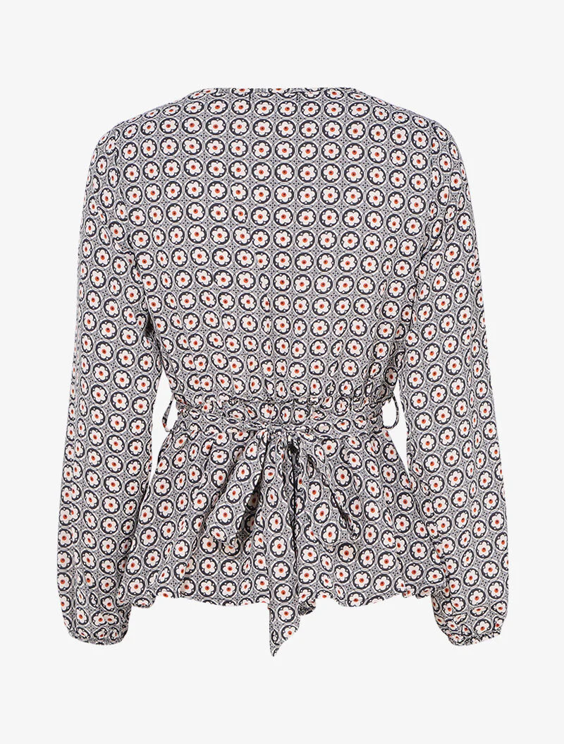 Top met gedrukte margriet-peplum en gestileerde hartvormige halslijn - Zwart/beige - Image 2