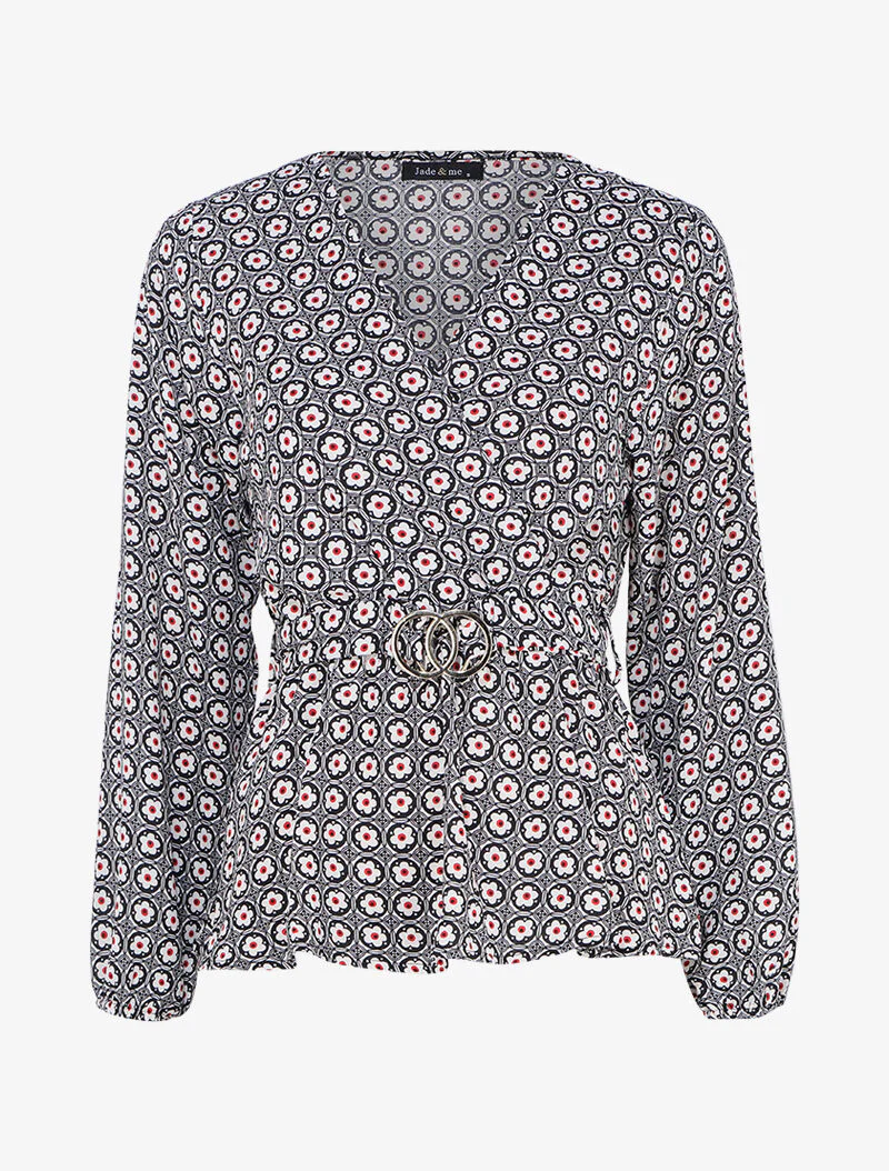 Top met gedrukte margriet-peplum en gestileerde hartvormige halslijn - Zwart/wit