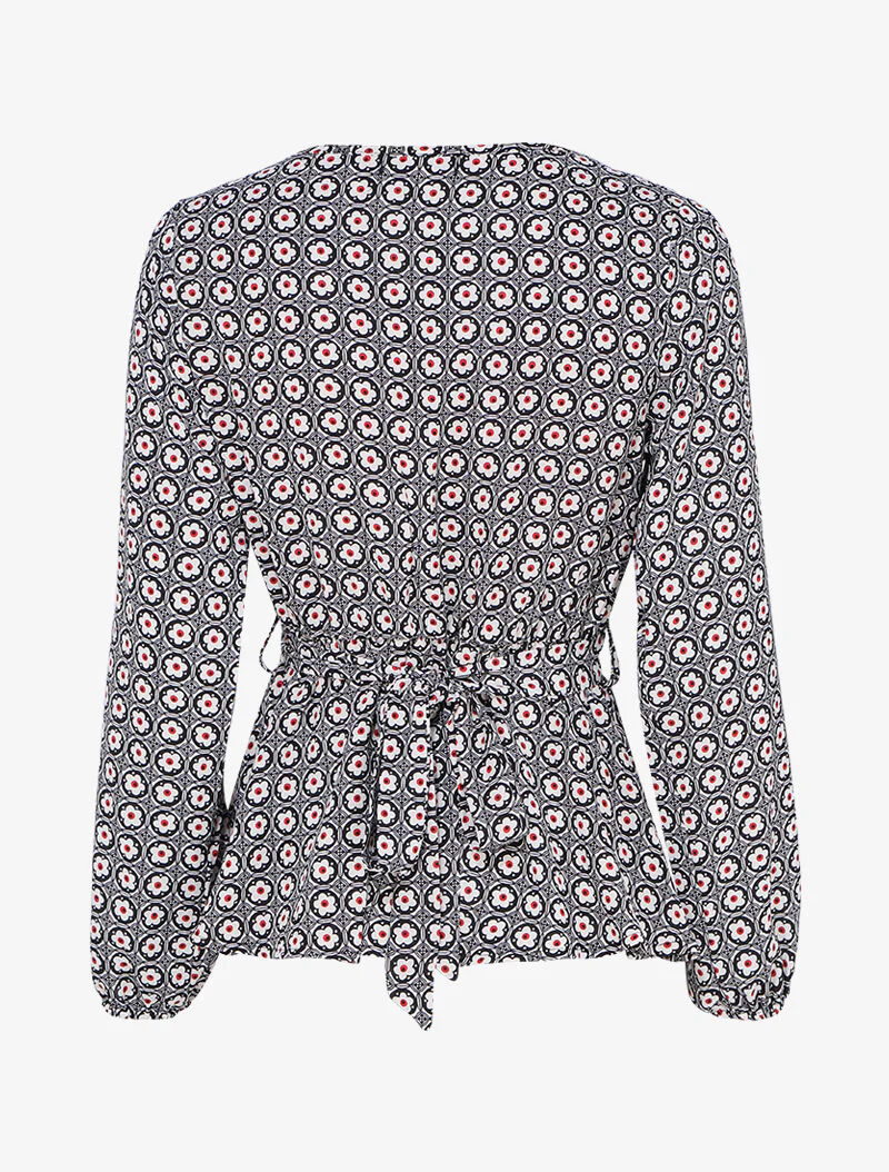 Top met gedrukte margriet-peplum en gestileerde hartvormige halslijn - Zwart/wit - Image 2