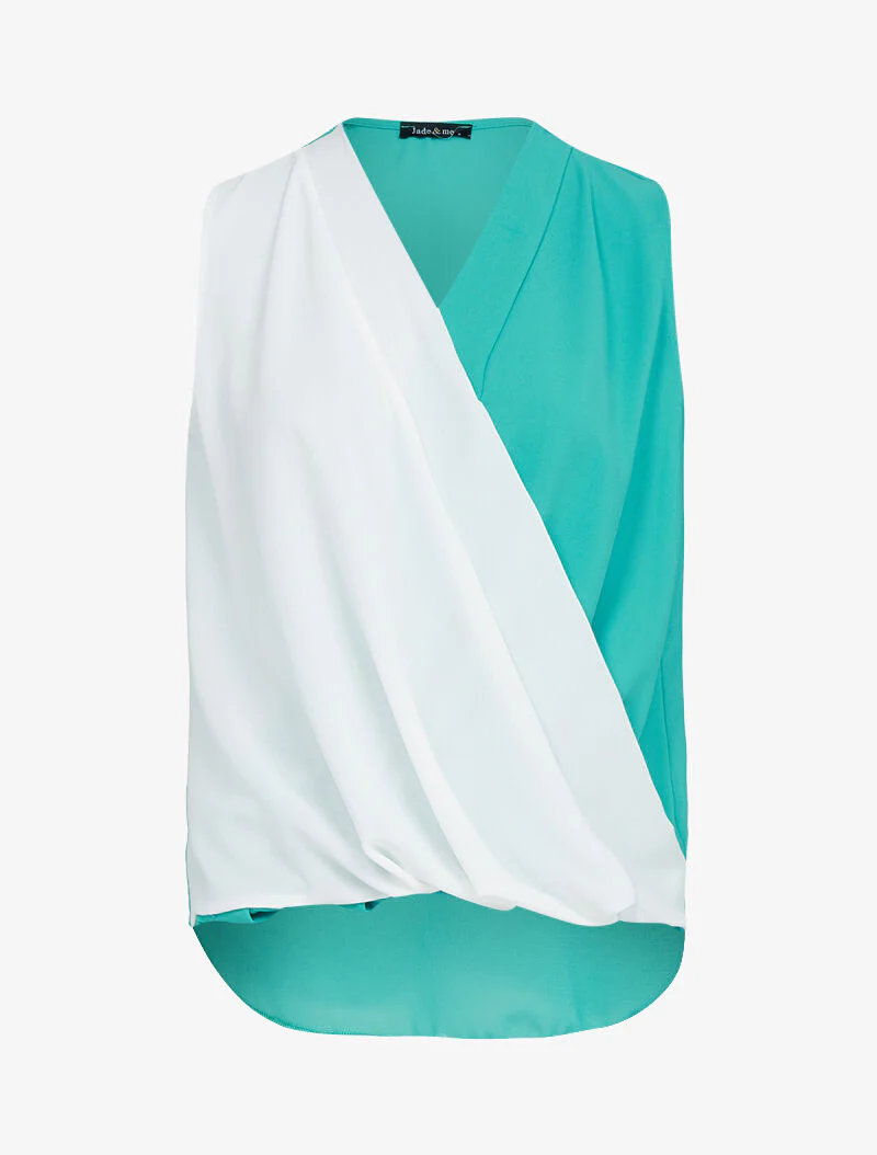 Top met kleurblokken en voile - turkoois