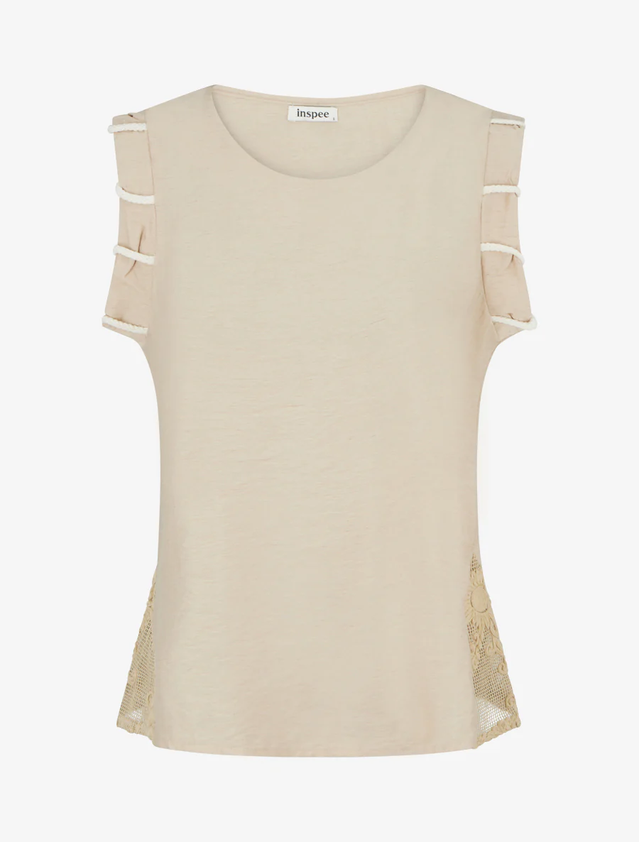 Top met koordachtige details en opengewerkte borduursels. - Beige