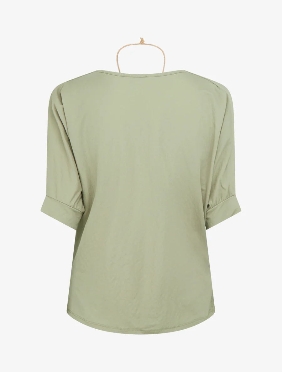 Top met korte mouwen en linnenlook met watervalhals. - Olijfgroen - Image 2