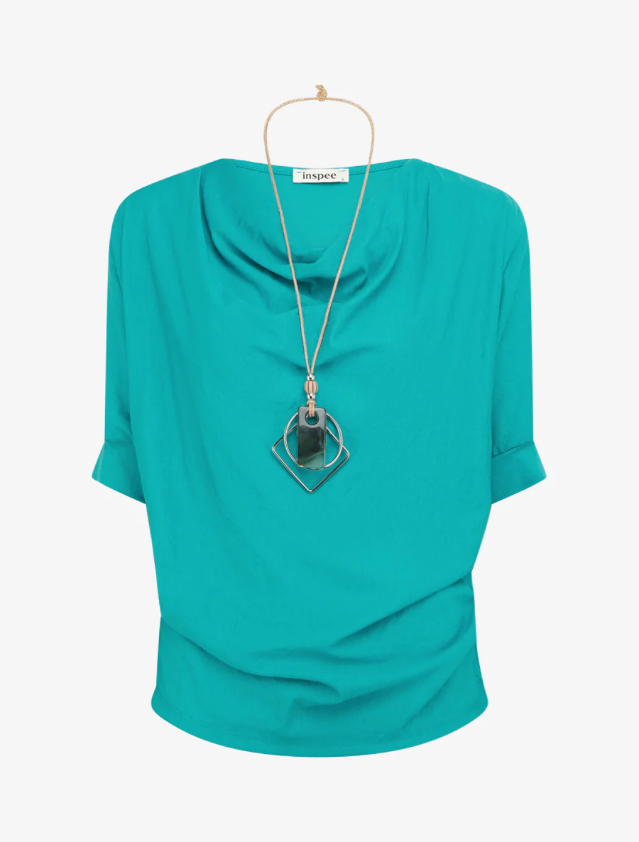 Top met korte mouwen en linnenlook met watervalhals. - Turkoois