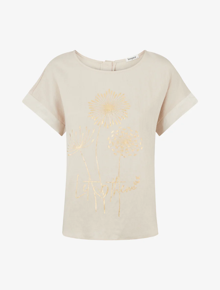 Top met korte mouwen en paardenbloem flockprint en boodschap - Beige