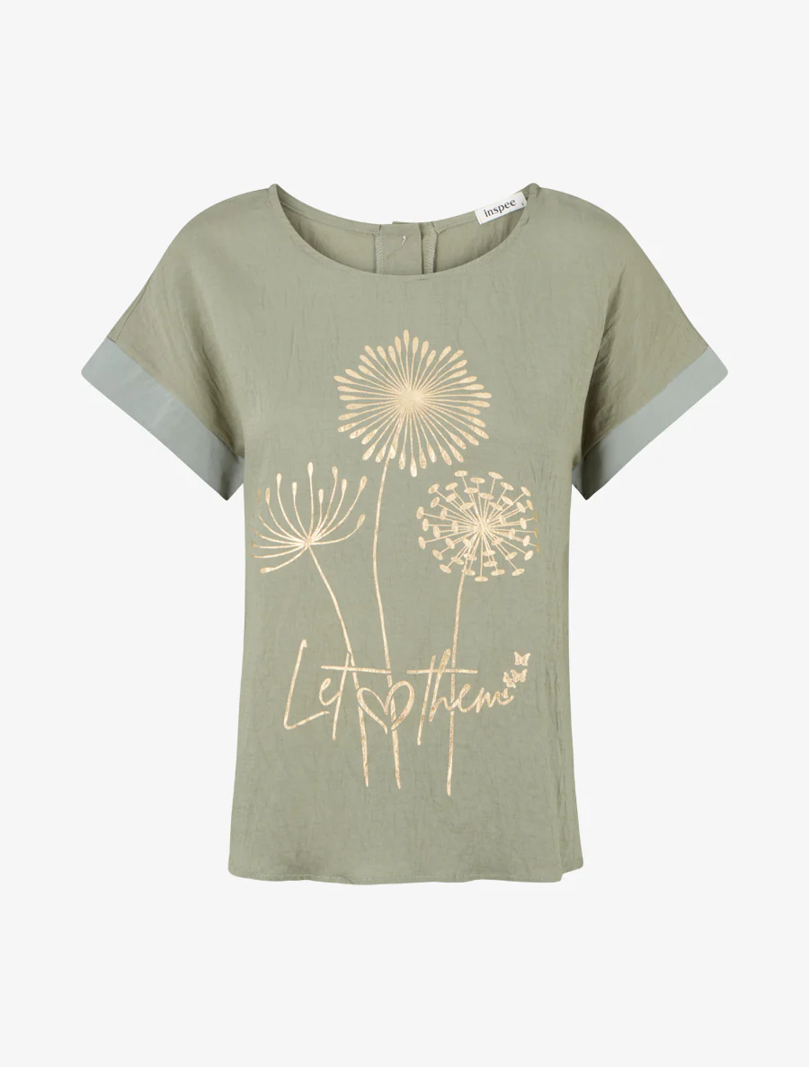 Top met korte mouwen en paardenbloem flockprint en boodschap - Kaki