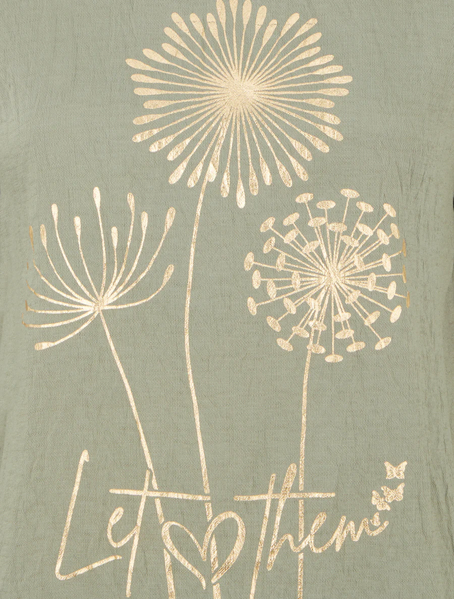 Top met korte mouwen en paardenbloem flockprint en boodschap - Kaki - Image 3