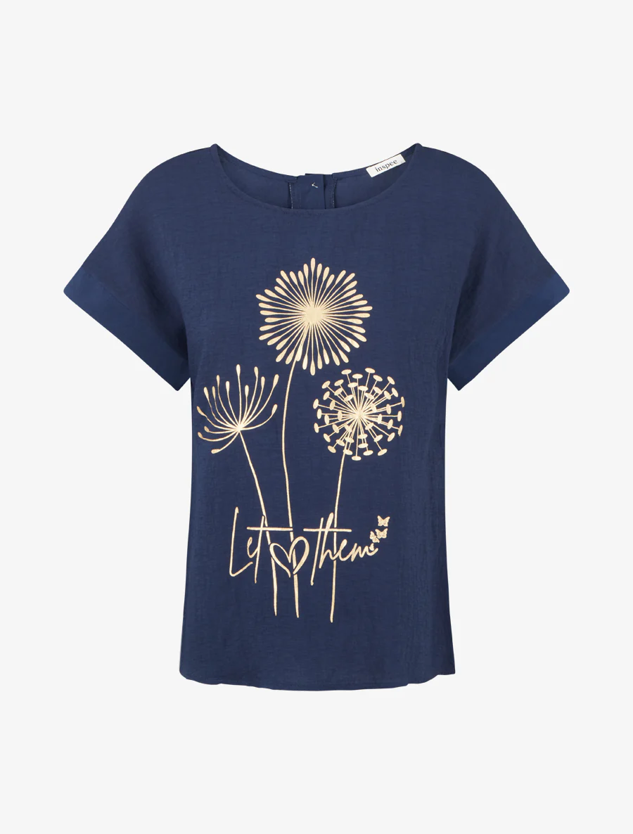 Top met korte mouwen en paardenbloem flockprint en boodschap - Marine