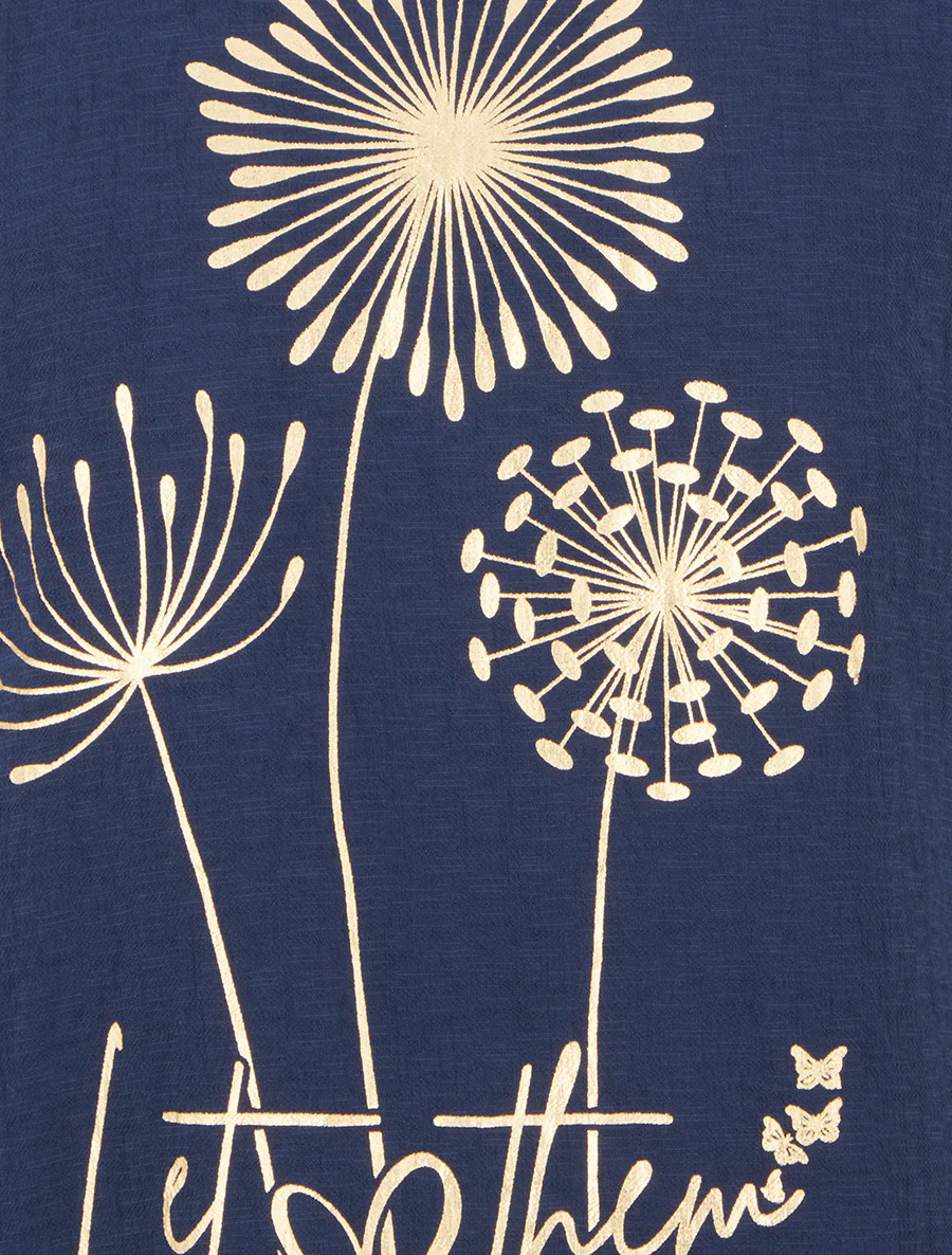 Top met korte mouwen en paardenbloem flockprint en boodschap - Marine - Image 3