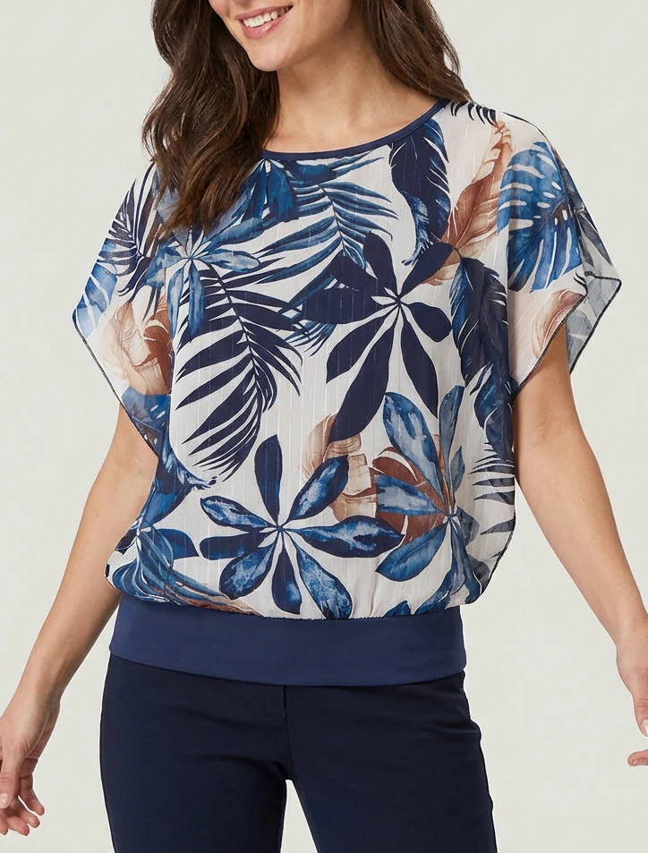 Top met korte mouwen en tropische print - Marine - Image 4