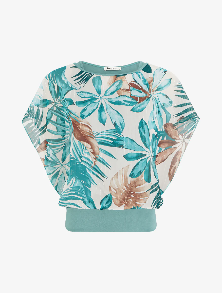 Top met korte mouwen en tropische print - Turkoois