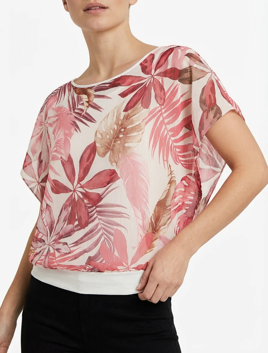 Top met korte mouwen en tropische print - Oudroze - Image 4