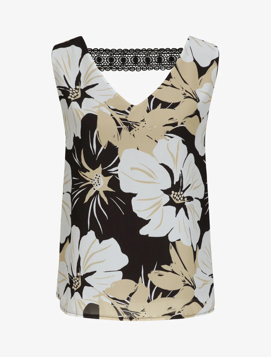 Top met open rug en geprinte grote bloemen - Zwart