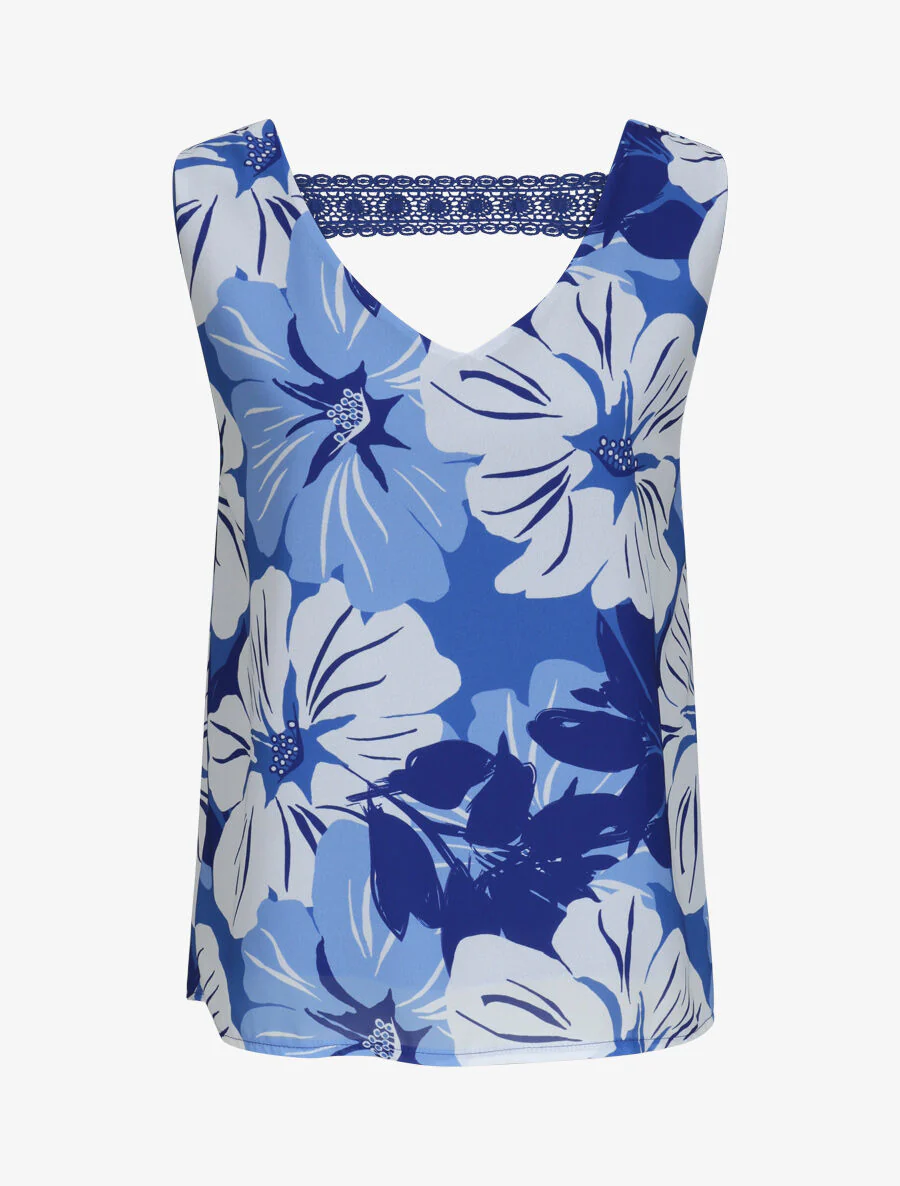 Top met open rug en geprinte grote bloemen - Blauw