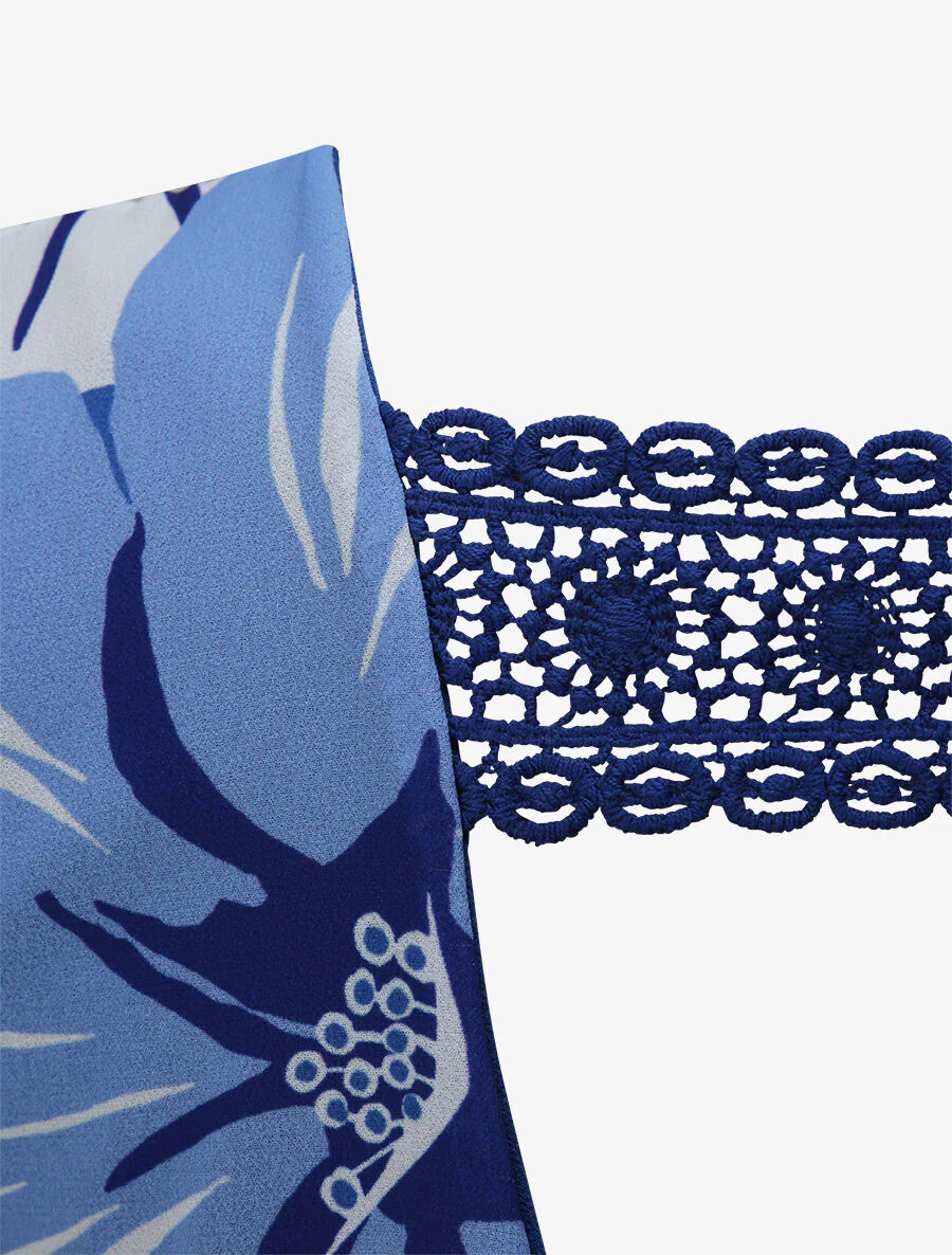 Top met open rug en geprinte grote bloemen - Blauw - Image 3