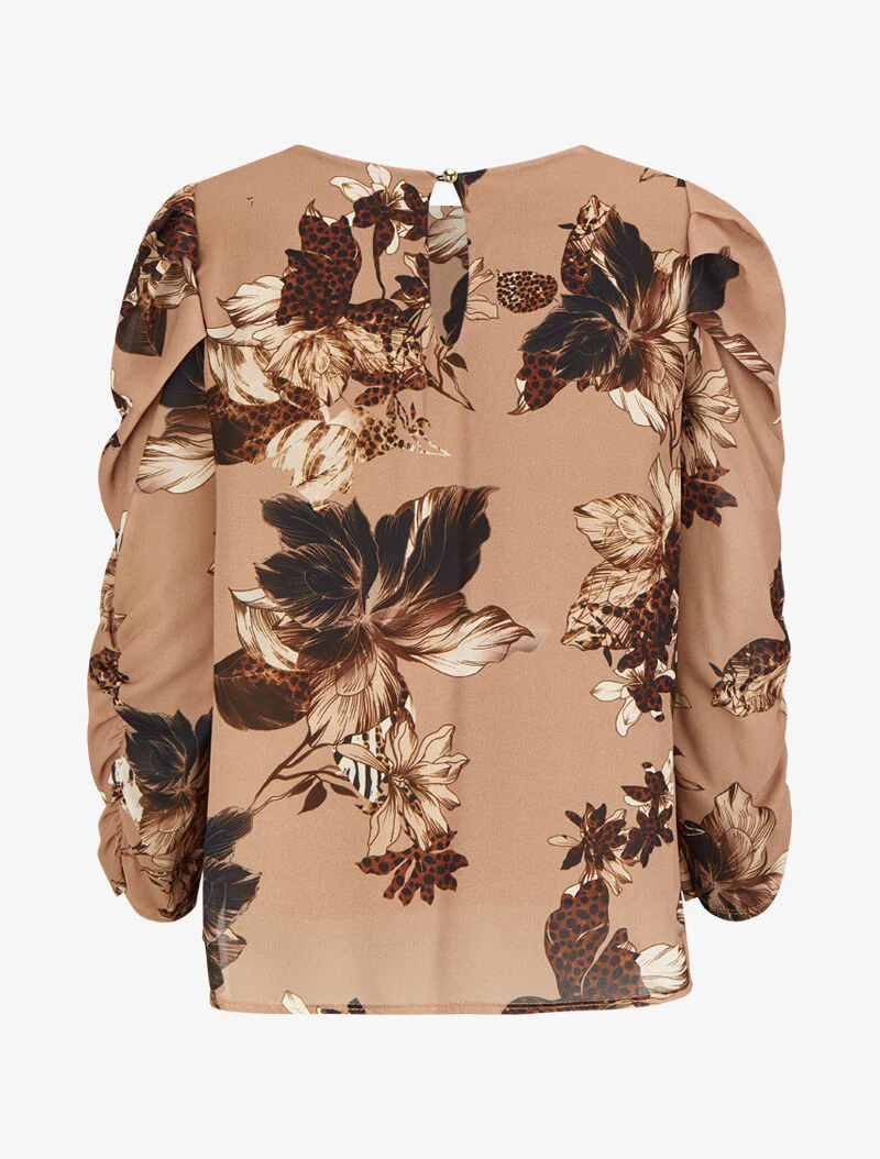Top met pofmouwen en bloemen- en luipaardprint - Taupe - Image 2