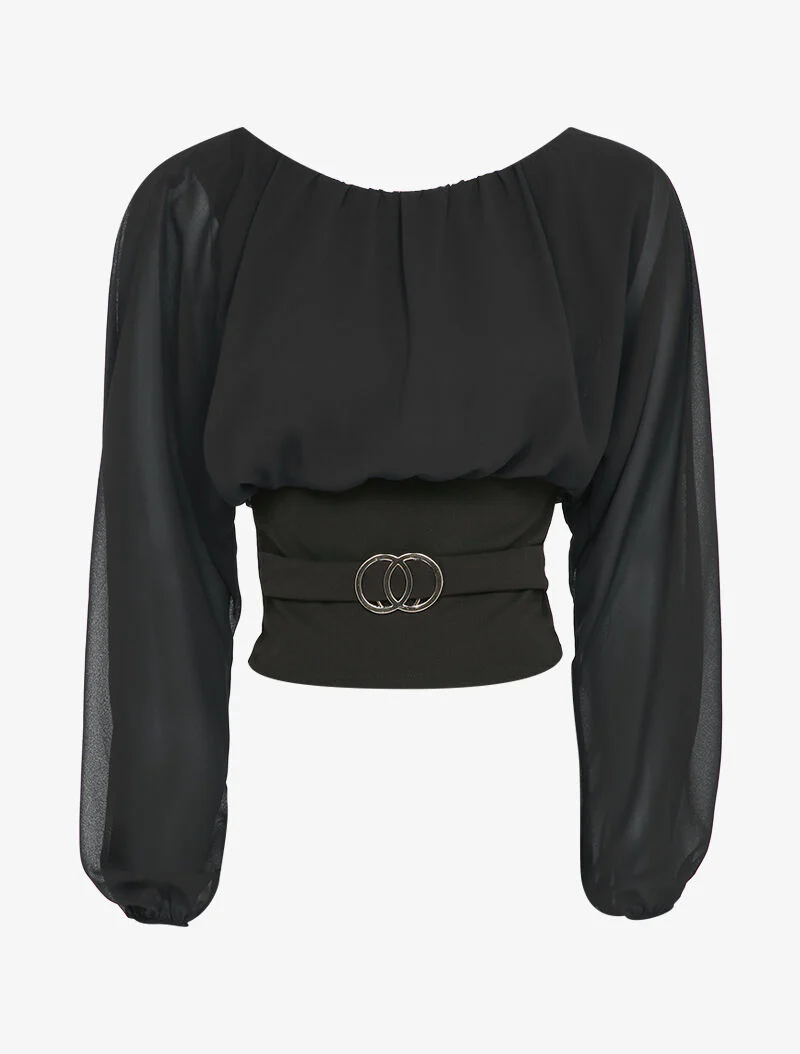 Top met pofmouwen en gespdetail - Zwart